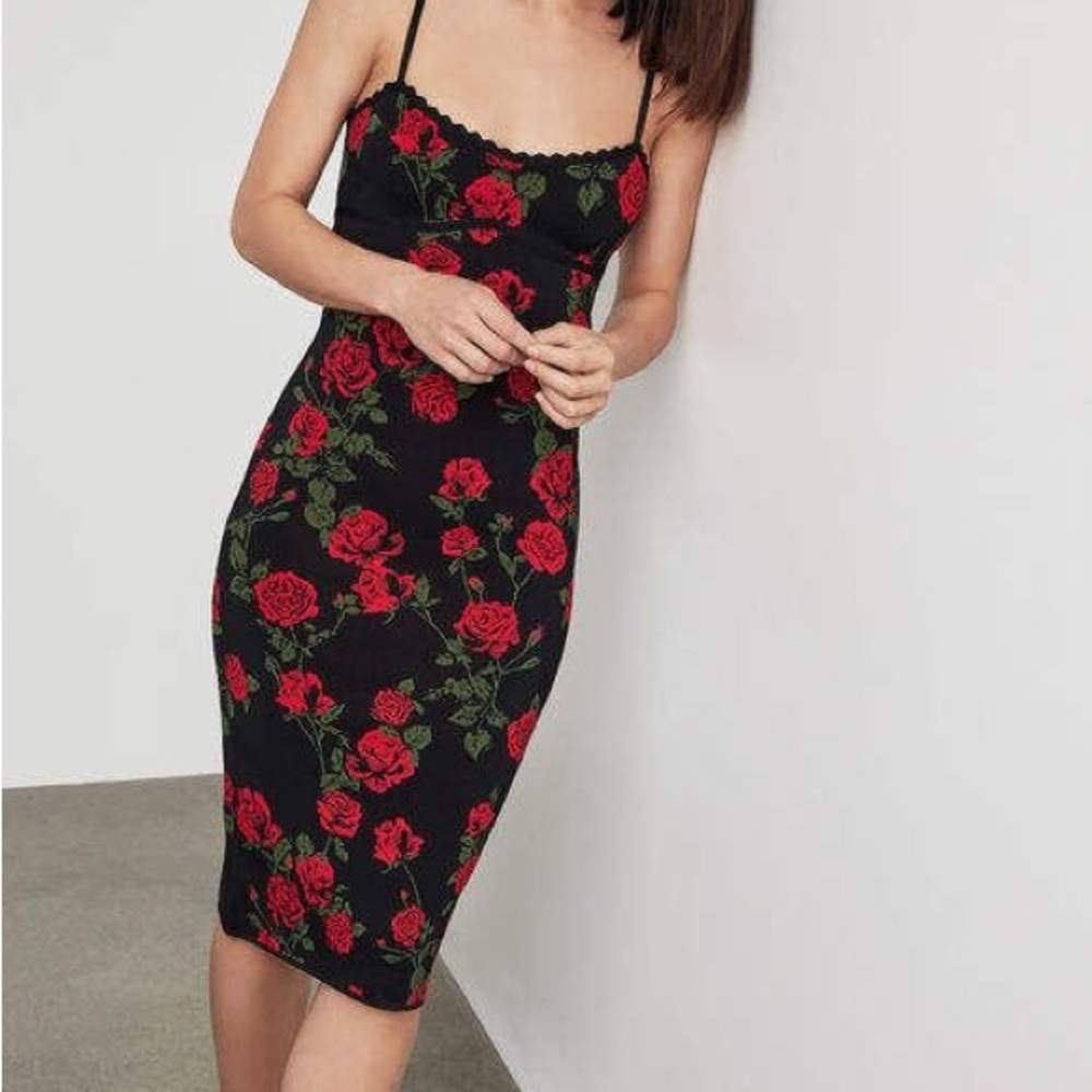 BCBG La Rosa Black and Red Spaghetti Strap Bodycon Midi Dress